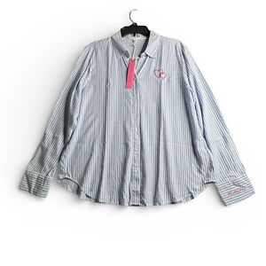 Jade + Delancey Blue Stripe Button Down Shirt Large Red Heart Embroidered XOXO